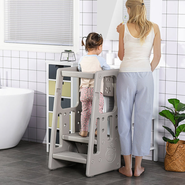 English Elm Qaba Toddler Tower Adjustable Height Kitchen & Bath Step Stool with Handrails, Anti-Slip Pads, Gray W2225P217327