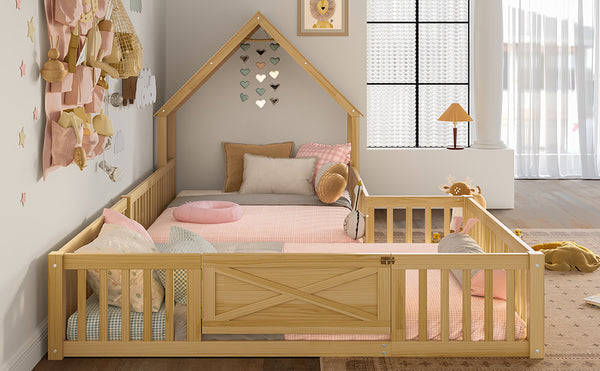 English Elm Full Full Size House Floor Bed with Door & Guardrails, Solid Wood Playful Design for Kids, Safe and Durable Natural W1580P327131