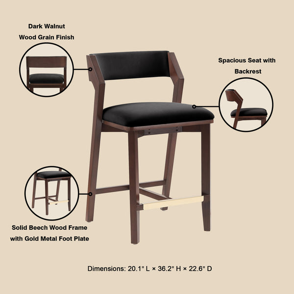 English Elm Counter Stool Velvet Upholstered Walnut Frame with Gold Footrest for Kitchen Bar B365P398016