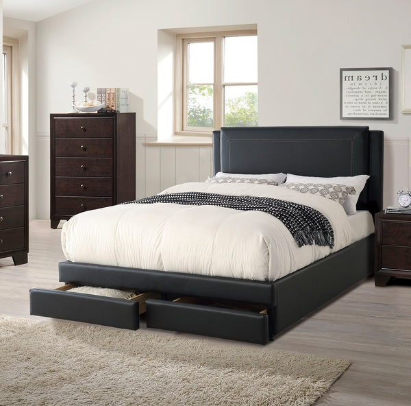 English Elm Black Luxurious Queen Bed with Hidden Storage Drawers Upholstered Faux Leather Modern Frame Black 64 L x 49 W x 5 H B011S02013