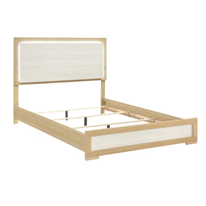 English Elm Contemporary LED Panel Queen Bed with Integrated Lighting, Sleek Wooden Frame and Modern Headboard Design Natural,White 67.5 L x 30.5 W x 5.5 H B011S01704