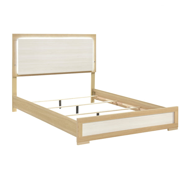 English Elm Contemporary LED Panel Queen Bed with Integrated Lighting, Sleek Wooden Frame and Modern Headboard Design Natural,White 67.5 L x 30.5 W x 5.5 H B011S01704