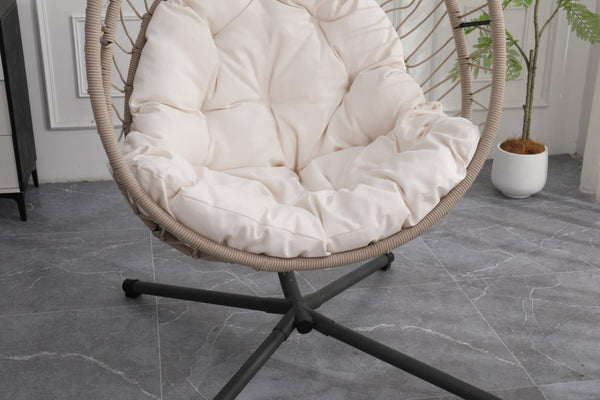 English Elm Outdoor Egg-shaped Hanging Chair with Stand — Beige Gray+White HDPE Cushions, 350lb Sturdy Frame W2500P290032