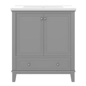 English Elm 30" Bathroom Vanity with Sink — Modern Freestanding 30" Cabinet with Ceramic Top, Drawer, Doors, Shelf Grey N725P221263E