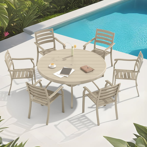 English Elm 7-Piece Outdoor Patio Dining Set With 6 Stackable Chairs & Round Table - Stylish & Durable Design! W213S00056