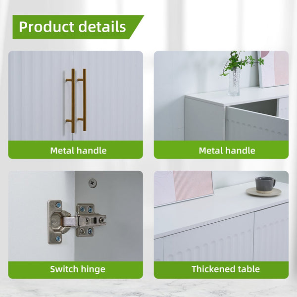 English Elm 3-Door Fluted Sideboard with Gold Handles, 55" White Buffet Cabinet for Kitchen Dining Living Room W2282P220597