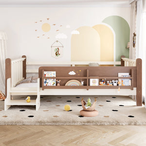 English Elm Twin Pine Floor Bed for Kids with Side Bookcases Built-in Stairs and Safety Guardrails Beige W1580P390220