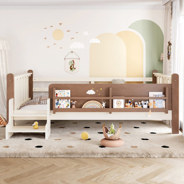 English Elm Twin Pine Floor Bed for Kids with Side Bookcases Built-in Stairs and Safety Guardrails Beige W1580P390220