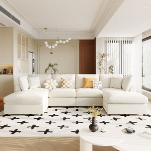 English Elm U_style Six Seat Chenille U Shaped Sectional Modular Sofa with Movable Ottomans Beige WY000474AAA