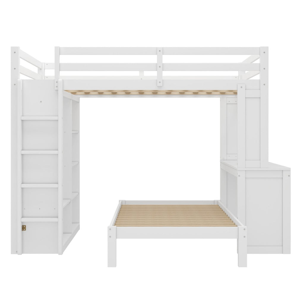 English Elm Queen Multifunctional Solid Wood Bunk Bed With Desk, Dismountable Twin Bed, Shelves & Wardrobe W1580S00214-GIGA