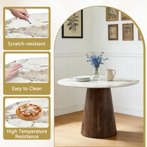 English Elm Table and Chair Set 42 Inch Round Stone Top with Rope Woven Wishbone Dining Seats W2920S00146