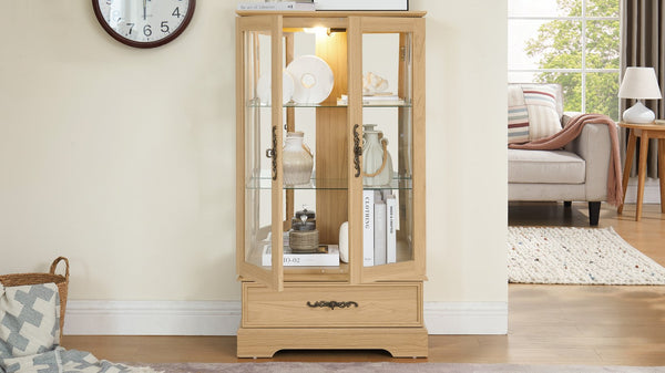 English Elm Glass Lighted Curio Cabinet with Adjustable Glass Shelves, 2 Doors 1 Drawer, Oak Finish, Bulb Included and Anti-Tip Safety Strap for Secure Display of Collectibles W2275P178890
