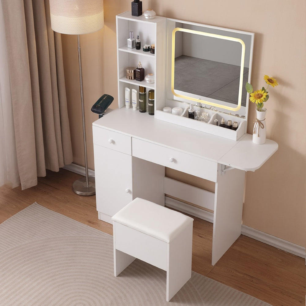 English Elm Vanity Desk With Adjustable Led Mirror, Hidden Storage Stool & Built-In Charging Station For Beauty W3008P234569-GIGA