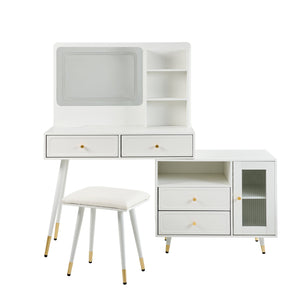 English Elm Modern Makeup Vanity Desk with LED 3-Color Mirror, Built-In Power Station, Sliding Cabinet, Stool White N844P288432A