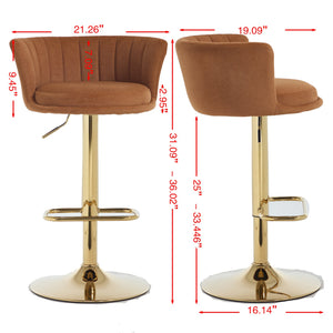 English Elm Set of 2 Orange Velvet Bar Stools with 360° Swivel, Gas Lift Height Adjustable, Chrome Base & Gold Legs W1249P386226