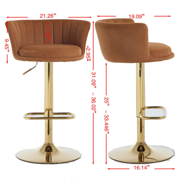 English Elm Set of 2 Orange Velvet Bar Stools with 360° Swivel, Gas Lift Height Adjustable, Chrome Base & Gold Legs W1249P386226