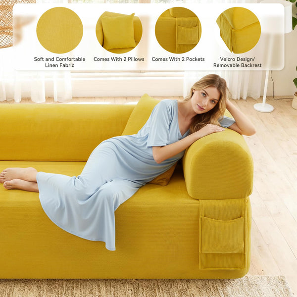 English Elm 3seater Corduroy Cloud Sofa No Assembly Pillow Soft Seating for Apartments and Living Rooms Yellow W3396P483186