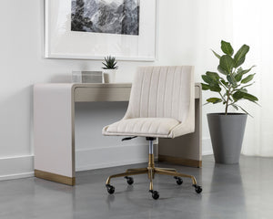 Sunpan Halden Office Chair - Urban Design with Bold Stitching and Rustic Bronze Base for Modern Workspaces Beige Linen