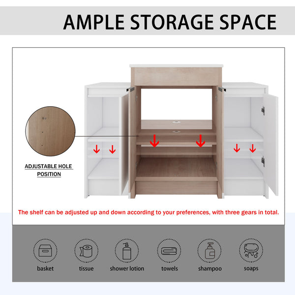 English Elm 48 Inch Freestanding Bathroom Vanity With Ceramic Sink, Adjustable Shelves & Soft-Close Doors W999S00312