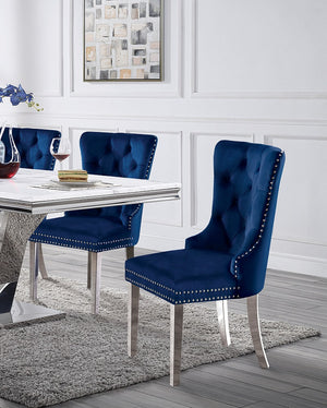 English Elm Contemporary Elegant Flannelette Wingback Dining Chair Set with Button Tufting, Nailhead Trim & Chrome Legs Blue 32 L x 26 W x 23 H B011P208975