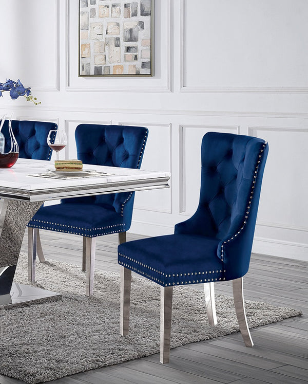 English Elm Contemporary Elegant Flannelette Wingback Dining Chair Set with Button Tufting, Nailhead Trim & Chrome Legs Blue 32 L x 26 W x 23 H B011P208975