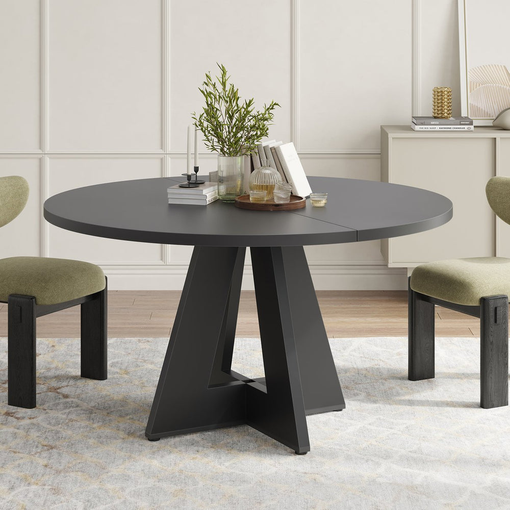 English Elm 47" Round Wood Dining Table Seats Six with Industrial Metal Base for Modern Homes Black T3623P433916
