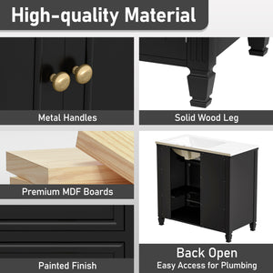English Elm Christopher Knight Home® - 36" Freestanding 36-inch Modern Bathroom Vanity with Ceramic Sink, Ample Storage, Solid Legs, Durable Finish Black N759P284623B