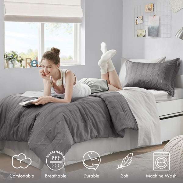 JLA Home Super Listing - Woven Logan Comforter Set with Subtle Stripes, Ultra-Soft Microfiber Reverse, Oeko-Tex Certified Charcoal AM10-0558