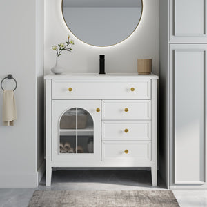 English Elm 35.6" Freestanding Bathroom Vanity with Roman Column Base and Ceramic Integrated Sink White W1801S00011