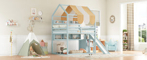 English Elm Full Size Wood Loft Bed with Canopy Slide and Built in Bookshelves for Kids Light Green N7090005021F