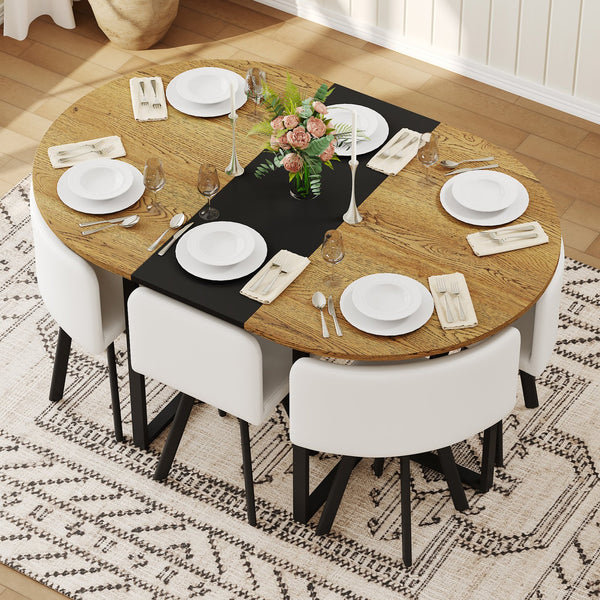 English Elm 7-piece Oval Dining Set with Pu Leather Chairs Modern Kitchen Table for Six Black,White,Wood W3875S00089