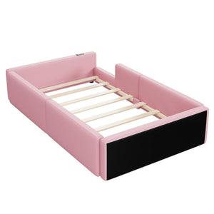 English Elm Twin Upholstered Platform Bed with Guardrail and Built-In Charging Station, Modern Sleek Design for Small Spaces Pink N709P186347H