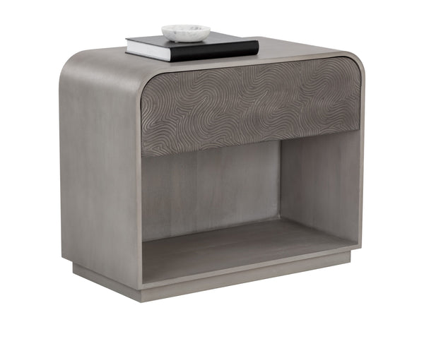 Sunpan Algarve Nightstand: Timeless Mid-Century Design with Antique Gold Accents and Unique Craftsmanship Grey
