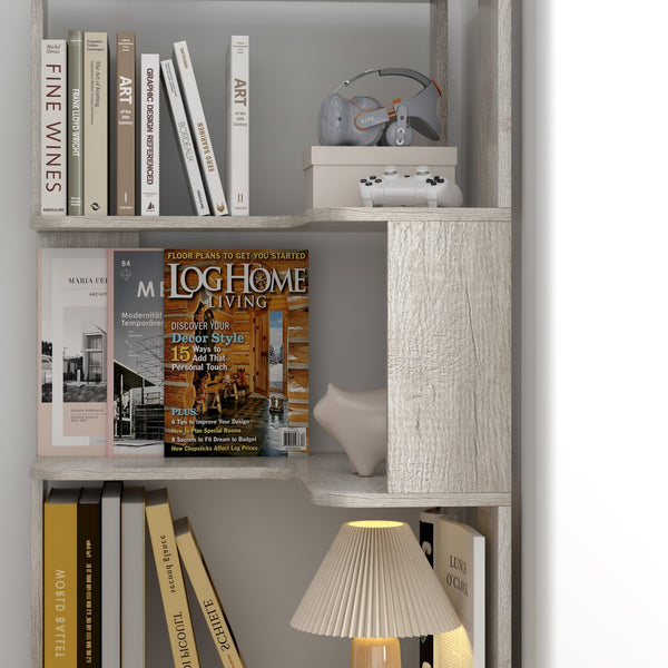 English Elm 6 Tier Freestanding L-Shaped Corner Bookshelf with Anti-Tip, Rounded Corners, 3D Wood Grain Finish Light Gray W2899P372517