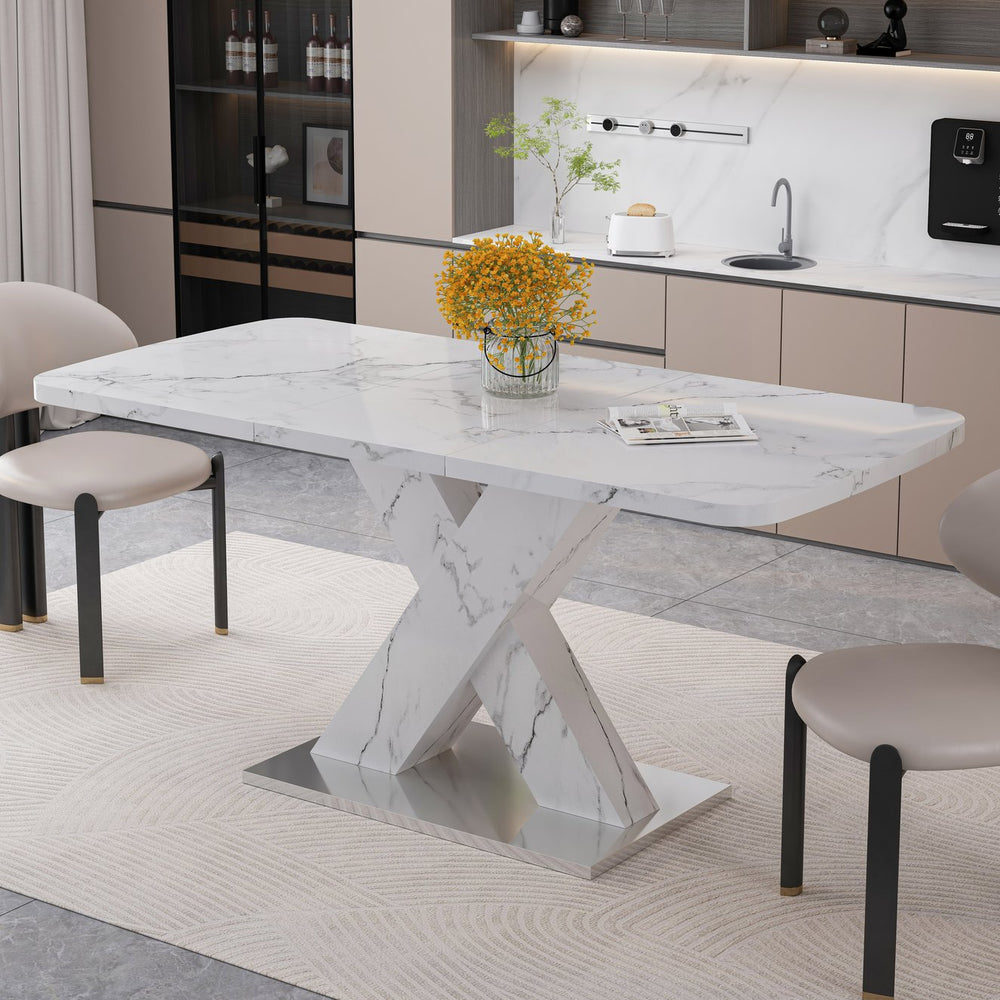 English Elm Modern Extendable Rectangle Dining Table With Elegant White Marble Top & Sturdy Metal Base Design W757P242761