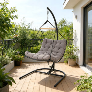 English Elm Hanging Egg Chair with Steel Stand Tufted Cushion Resort Style Patio Swing Seat T5880P492680