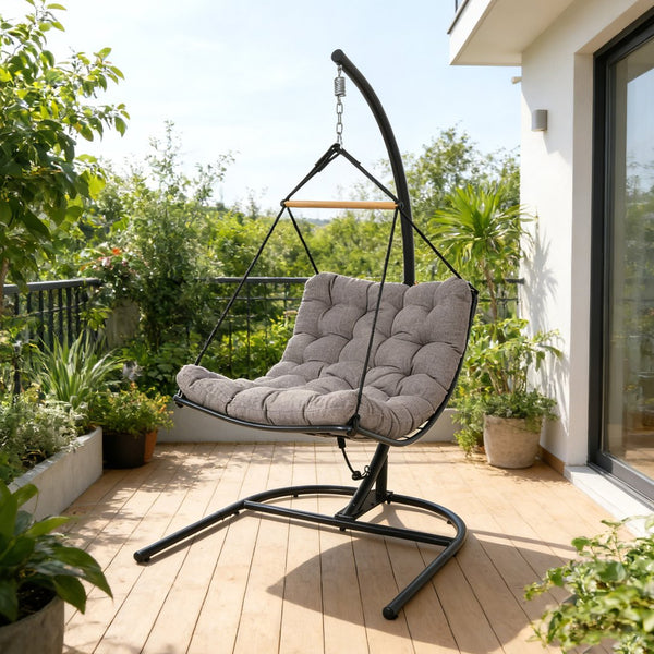 English Elm Hanging Egg Chair with Steel Stand Tufted Cushion Resort Style Patio Swing Seat T5880P492680