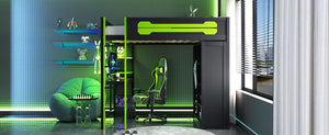 English Elm Full Size Gaming Loft Bed with Rgb Lighting Integrated Desk and Open Wardrobe Green N820S00073F