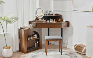 English Elm Corner Makeup Vanity Desk with 360° Rotating LED Mirror, Adjustable Brightness, L-Shaped Corner Design and Pull-Out Storage for Small Spaces Walnut N844P263663W
