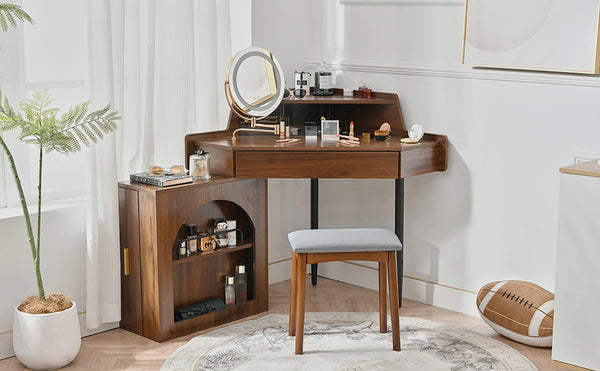 English Elm Corner Makeup Vanity Desk with 360° Rotating LED Mirror, Adjustable Brightness, L-Shaped Corner Design and Pull-Out Storage for Small Spaces Walnut N844P263663W