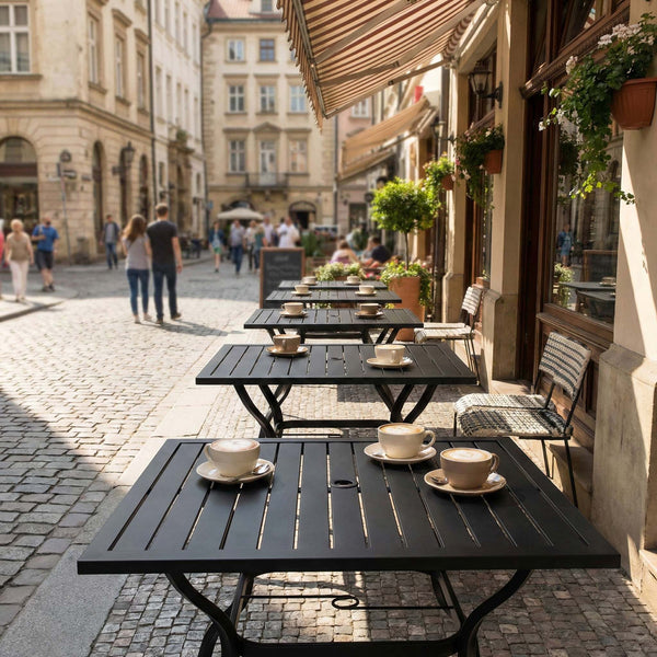 English Elm Metal Square Outdoor Dining Table Powder Coated Steel Slatted Top Seats Four W5159P445936
