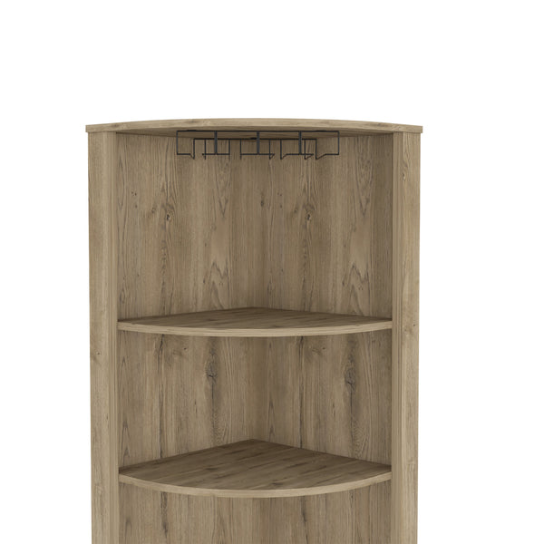 English Elm Essential Corner Bar Cabinet with Wine Rack & Cup Holders, Space-Saving Three-Tier Storage Solution Light Oak 75 L x 24 W x 3 H B200S00404