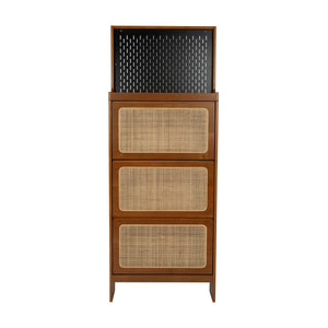 English Elm Rattan Narrow Shoe Cabinet with 3 Flip Drawers, Black Pegboard & Top Organizer — Slim 65"H Storage W1801P172870
