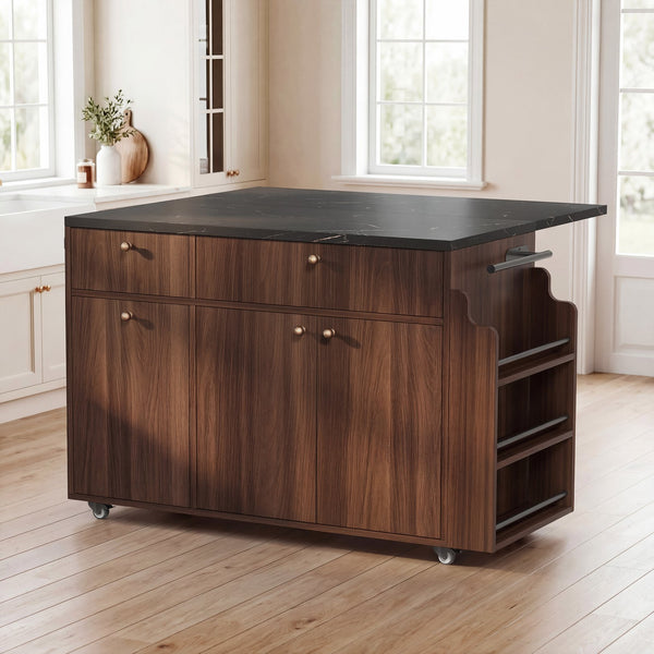 English Elm Kitchen Rolling Cart with Black Marble Top Drop Leaf Drawers and Spice Rack Storage Walnut B2764S00007