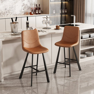 English Elm Faux Leather Counter Stools Set of Two Ergonomic Curved Back Metal Frame Kitchen Seating Cognac W5096P400395