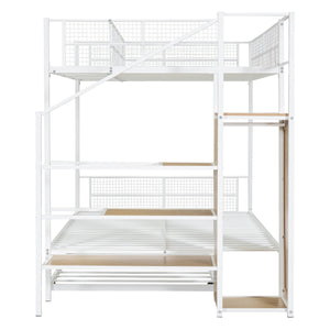 English Elm Twin Metal Bunk Bed with Trundle, Lateral Storage Ladder & Wardrobe | Space-Saving Durable Design White SF000173AAK