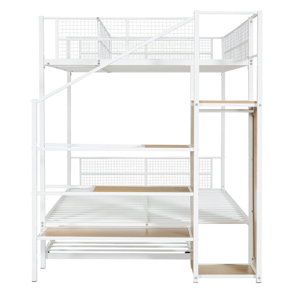 English Elm Twin Metal Bunk Bed with Trundle, Lateral Storage Ladder & Wardrobe | Space-Saving Durable Design White SF000173AAK