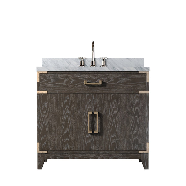 English Elm Brown Oak Single Bath Vanity With Carrara Marble Top & Chrome Faucet - Elegant Storage Solution B2731P259784