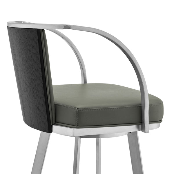 English Elm Tavin 30" Gray Faux Leather Swivel Bar Stool with Brushed Stainless Frame, Padded Comfort & Footrest B2736P268566