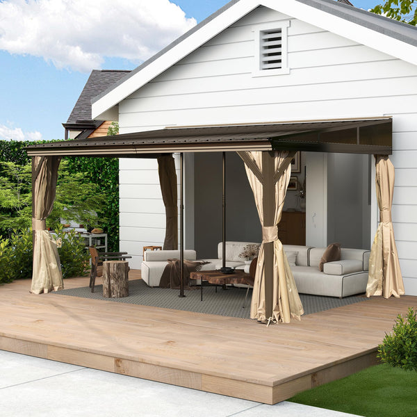 English Elm 10x14FT Lean to Gazebo with Metal Roof, Hidden Gutter System, Curtains & Netting, Heavy-Duty Steel Exterior W1859S00130